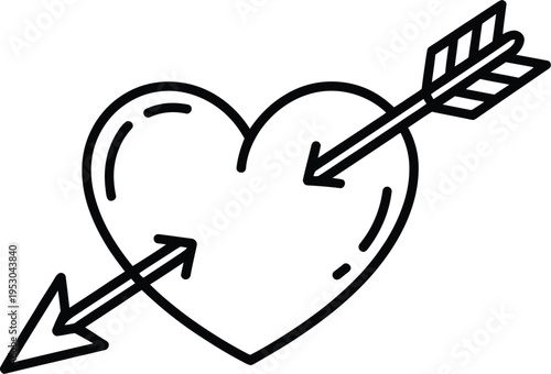 Heart pierced by arrows, black white line drawing, minimalist illustration, romantic symbol, love icon, continuous line art, simple vector design