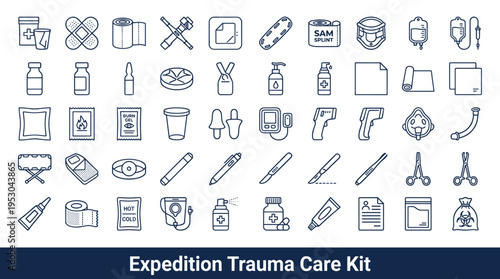 Comprehensive Expedition Trauma Care Kit Icons for Medical Emergencies and First Aid