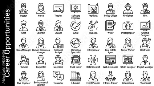 Collection of diverse career opportunity icons representing various professions and jobs