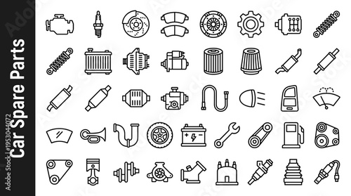 Collection of automotive spare parts icons for vehicle maintenance and repair services