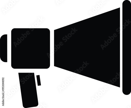 Black megaphone icon, marketing bullhorn vector illustration, loud announcement symbol, digital communication advertising element, solid silhouette, isolated speaker.