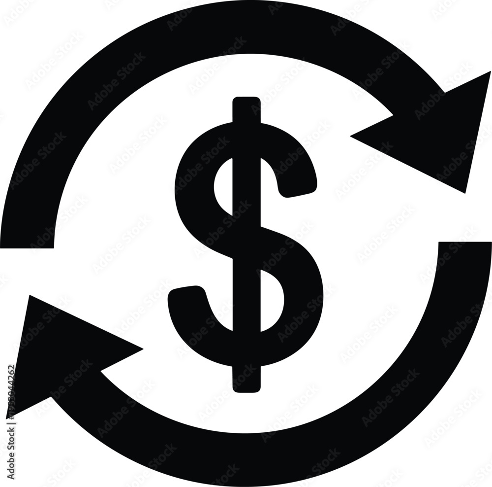 Obraz premium Black money exchange vector illustration, dollar currency rotation icon, financial transaction cycle silhouette, refund and cashback symbol isolated on white background, investment return graphic.