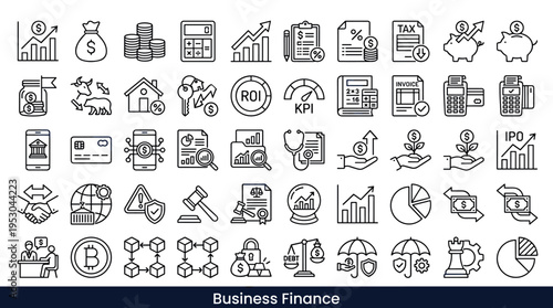 Collection of business and finance icons representing growth, investment, and financial services