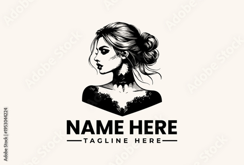 Black and white illustration of a woman's head with a placeholder text for a name and tagline on a beige background, featuring a logo and pictogram design.