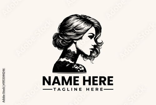 Vector illustration of a woman's head with placeholder text for a logo or name tag on a beige background.