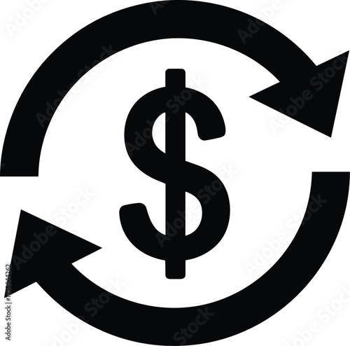 Black money exchange vector illustration, dollar currency rotation icon, financial transaction cycle silhouette, refund and cashback symbol isolated on white background, investment return graphic.