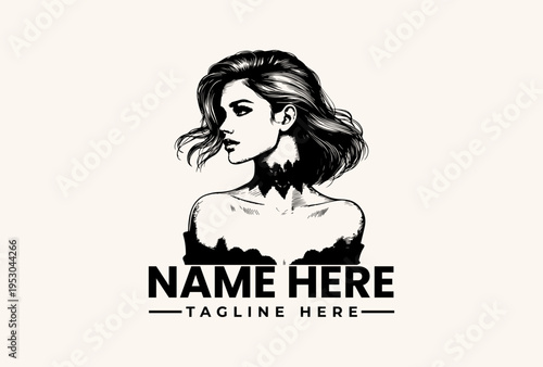 Black and white illustration of a woman's head and shoulders with a logo and placeholder text for a business or brand identity on a beige background.