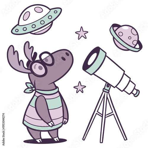 An adorable Moose with a Bashful vibe, wearing glasses, and a Starlight Mix Galaxy Dreams theme – SVG style