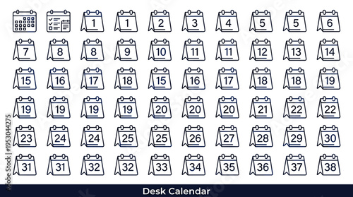 Collection of desk calendar icons showing dates from 1 to 38 and other calendar designs