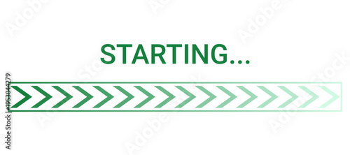 Starting text and green arrow loading bar. Software initialization and digital progress icon. Abstract system update and software development concept for web interface application. Vector illustration