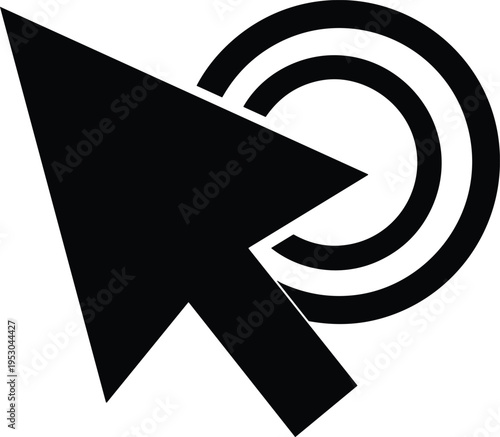 Black mouse cursor arrow with click target circles, computer pointer icon, website navigation symbol, digital interface vector illustration, silhouette.