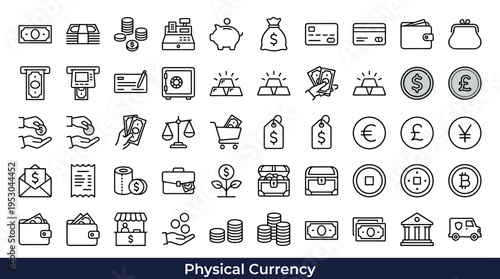 Collection of financial and currency icons representing various aspects of money and wealth