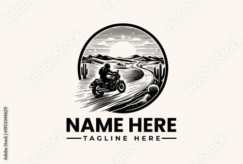 Black and white illustration of a motorcyclist riding on a winding road with a scenic landscape and customizable logo text in a circular frame against a clean background.