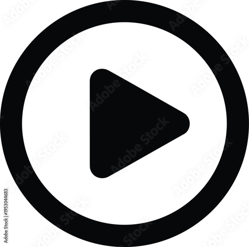 Black play button icon in circle, media player start symbol, video or audio streaming vector illustration, isolated on white background