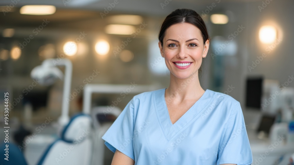 Fototapeta premium Dental assistant stands in clinic during work hours smiling at the camera in a clean and well-lit environment