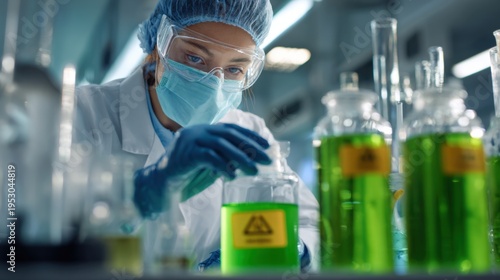 Scientist works in laboratory with green liquids and glassware during daytime
