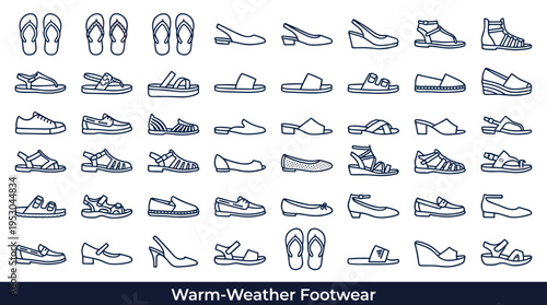 Collection of diverse warm-weather footwear icons for summer fashion and style