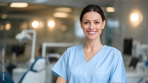 Dental assistant stands in clinic during work hours smiling at the camera in a clean and well-lit environment