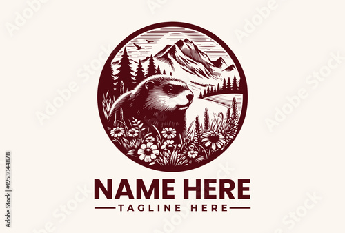 A maroon-toned illustration of a bear in a mountainous landscape with flowers and trees, accompanied by a logo template with placeholder text on a beige background.