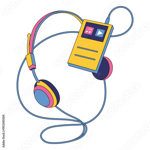 Portable music player with headphones in flat style. Retro 2000s audio device, colorful digital technology, nostalgic gadget isolated on white background. Vector illustration