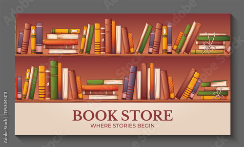 Vector illustration of bookshelves with colorful standing books. Warm vintage design for bookstore or library banner. Concept for a bookstore, book lover, reading, and knowledge.
