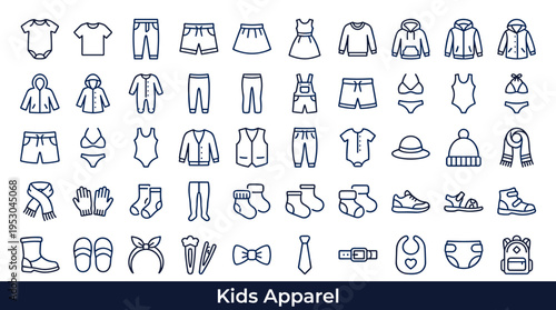 Collection of children's clothing and accessories icons in a clean outline style