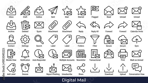 Collection of digital mail icons representing various email functions and actions