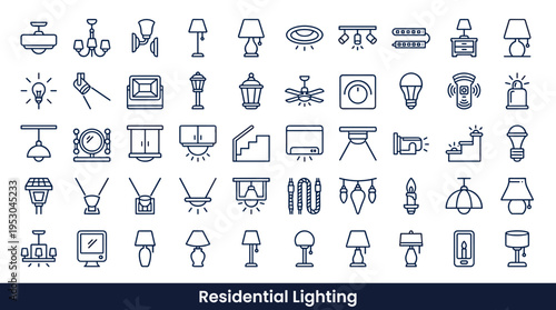 Collection of residential lighting icons for interior and exterior home illumination