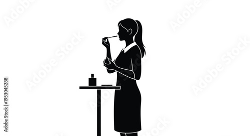 Vector illustration of woman drinking coffee at table