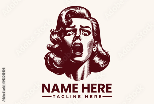 A vector illustration of a woman's head with a shocked expression, set against a beige background with space for a logo and tagline.