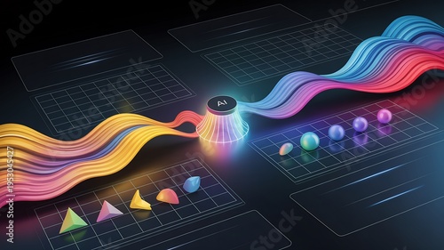Vibrant Rainbow Wave Flow on Grid Background with Colorful Shapes