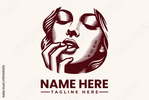 A logo design featuring a stylized illustration of a woman's face with her hand on her chin and a placeholder text for a name and tagline in a bold, monochromatic color scheme against a