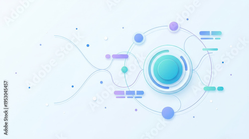 Big data visualization concept, minimal conceptual illustration with a central circular data hub surrounded by multiple small
