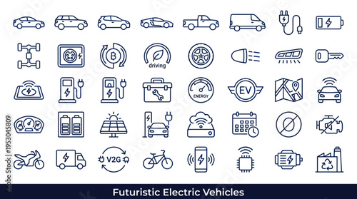 Collection of futuristic electric vehicle and transportation icons in a clean line art style