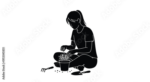 Vector illustration of woman planting in a pot