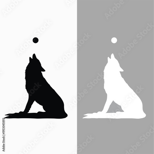 Contrasting silhouettes of a wolf howling at the moon