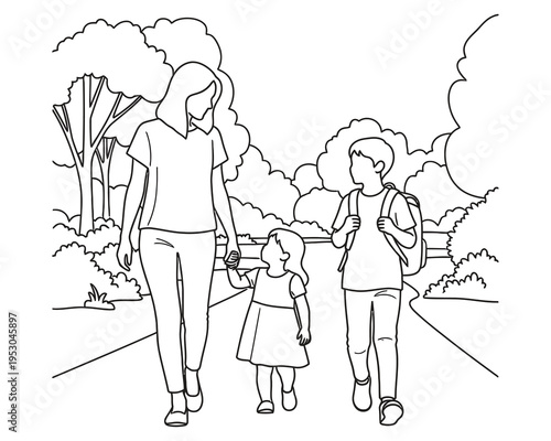 Happy mother's day family outing with mom and kids walking together