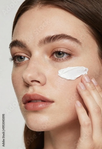 Un gros plan d'une élégante Française appliquant de la crème sur son visage, avec des yeux bleus, des taches de rousseur et des lèvres pulpeuses, révèle une beauté naturelle et sophistiquée