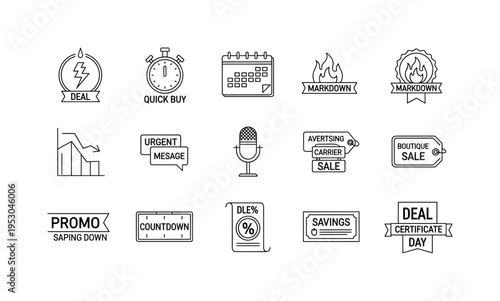 Power surge deal icon, time limit calendar page, quick buy seal, fiery markdown badge, downward cost graph, urgent message bubble,