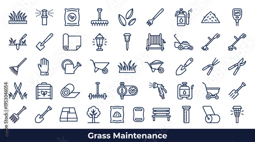 Collection of line art icons for lawn care and garden maintenance tasks
