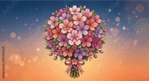 Origami Sakura Bouquet at Twilight, Vector Illustration of an Origami Sakura Bouquet Against a Twilight Gradient with Japanese Patterns (夕暮れのグラデーションと和柄を背景にした、折り紙風の桜のブーケの美しいベクターイラスト。)