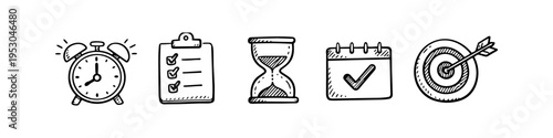 Set of hand-drawn productivity icons including an alarm clock, checklist, hourglass, calendar, and target. Black and white doodle style for time management, planning, and goal setting concepts.