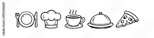 Set of hand-drawn food and restaurant icons in a doodle style. Includes a plate with cutlery, chef hat, coffee cup, cloche, and pizza slice. Minimalist black and white sketch art.
