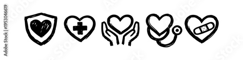 Set of hand-drawn medical and heart health icons featuring a shield, medical cross, caring hands, stethoscope, and bandage. Ideal for healthcare, wellness, and insurance concepts.