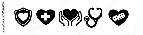 Collection of hand-drawn medical and healthcare icons featuring hearts, a stethoscope, shield, and bandage. Perfect for health insurance, wellness, and medical support concepts.