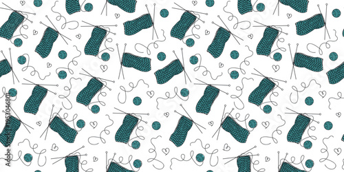 Knitting ball, yarn, and knitting needles. Seamless pattern, drawing, doodle. Hobbies, handicrafts, homework. Line icons, sketch.