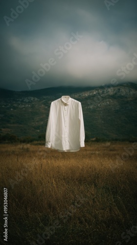 Floating white shirt in a field with mountains in the background during a cloudy day