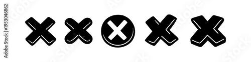 Set of hand-drawn black X cross mark icons on a white background. Various styles of cancel, close, and wrong symbols for UI/UX design, stickers, and graphic elements.
