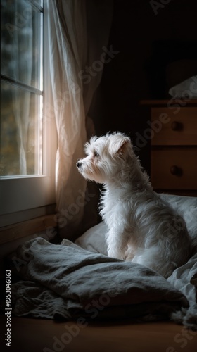 Dog sits on bed and looks out window during morning light in a cozy room with simple decor