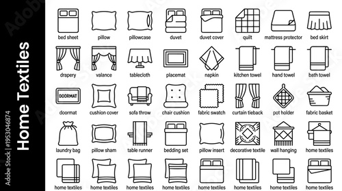 Collection of home textile icons for interior design and bedding, presented in a clean line art style
